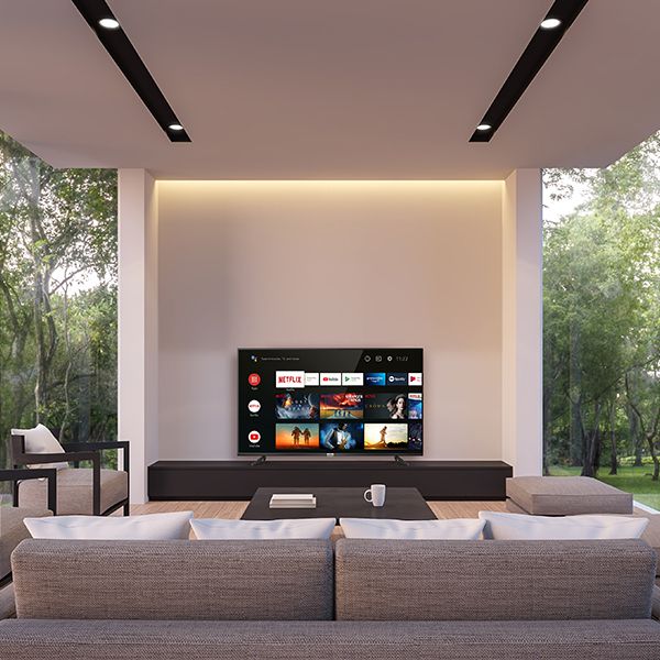 Cleanes helles Wohnzimmer mit einer Fensterfront rechts und links des Bildes und ein TCL-TV in der Bildmitte vor einer weissen Wand